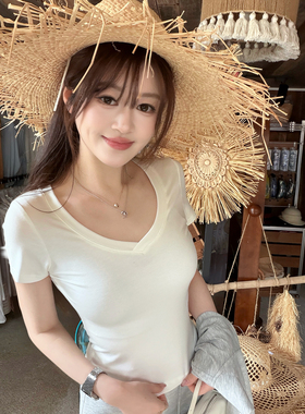 【AHY】衣橱bi备 实穿主义天丝羊毛V领正肩收腰短袖teeT恤女新品