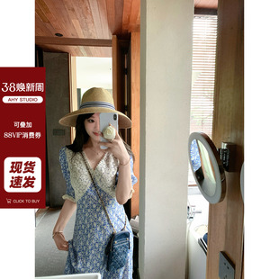 私服少量爽滑透气重工定制蕾丝V领拼接碎花裙新品 AHY 现货
