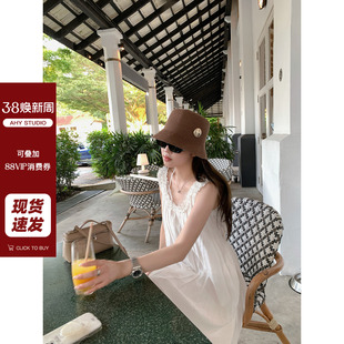 背心长裙新品 现货AHY 减龄人棉混纺木耳边可收腰百褶压皱无袖