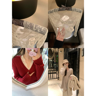 气质设计感修身 AHY 女秋冬新款 v领蕾丝花边打底衫 镂空上衣 法式