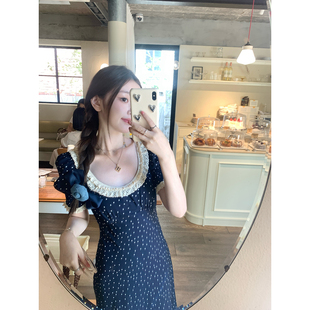 AHY 大U领花边收腰显瘦波点连衣裙女2024夏季 新款 气质裙子 长款