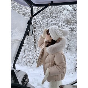 AHY 连帽羽绒服女冬季 25秋冬折扣 短款 大毛领保暖外套 立减