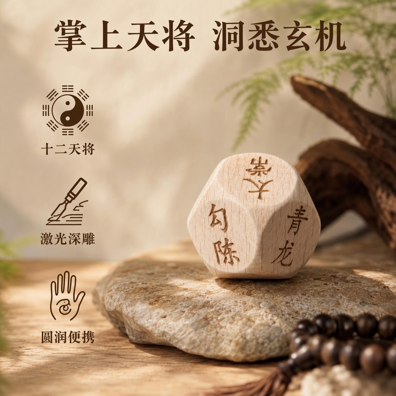 大六壬十二天将实木骰子十二面圆角激光雕刻色子周易起卦专用骰子