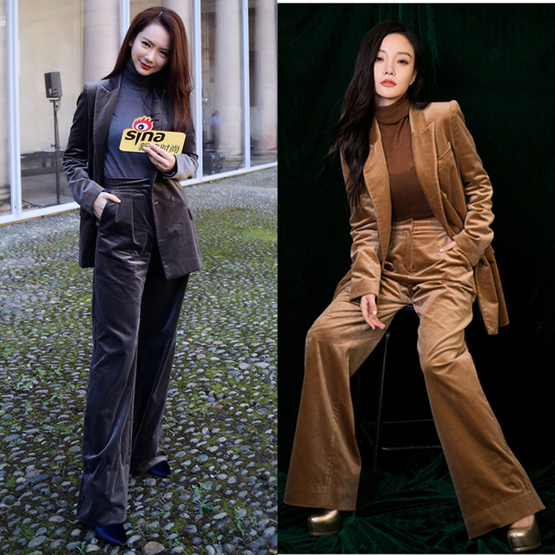 明星同款秋冬时尚金丝绒西装套装女休闲小西服外套阔腿长裤两件套