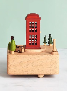 跨境英伦风电话亭木质八音盒可刻字yunsheng音乐盒欧式旅游纪念品