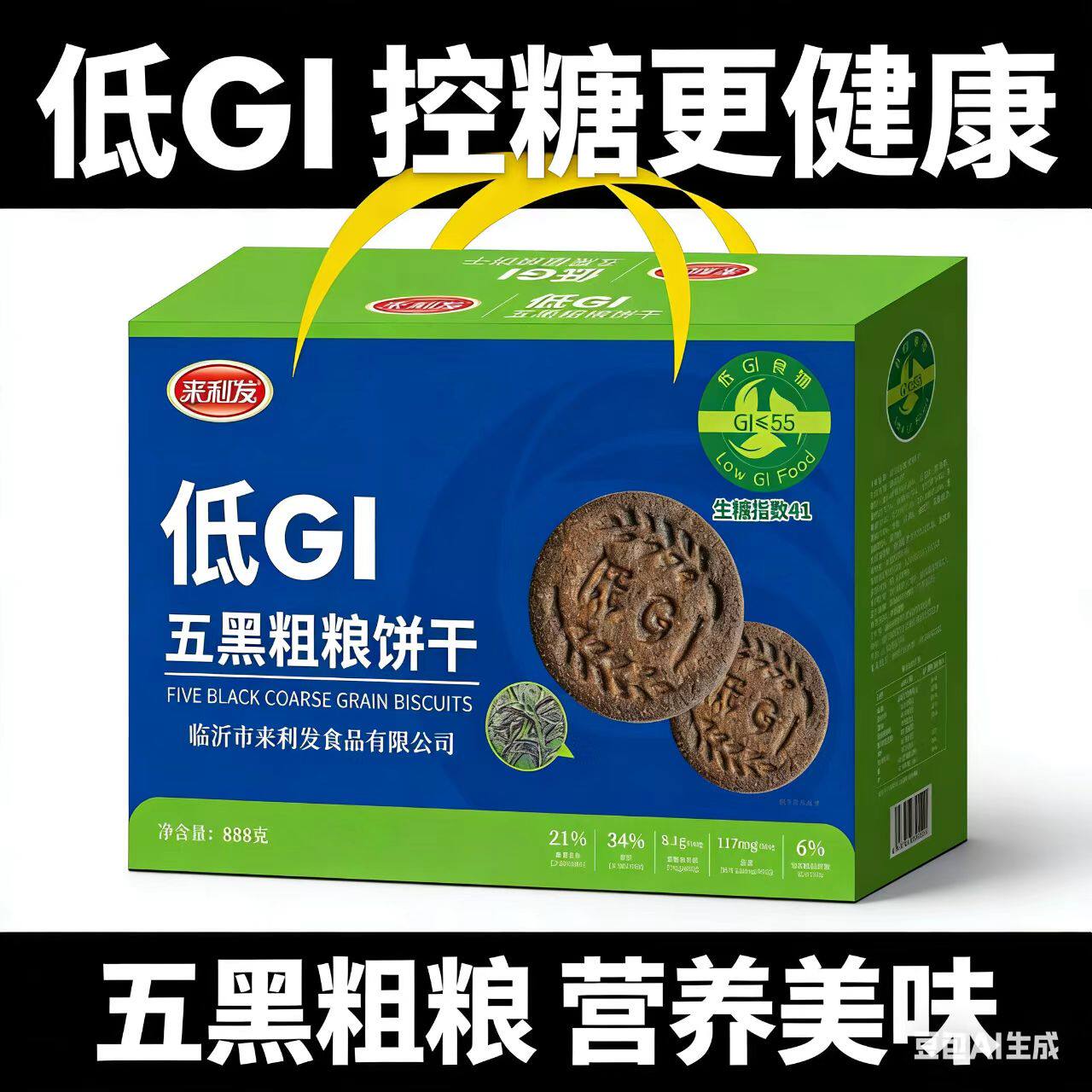 来利发低GI五黑粗粮饼干盒装888g黑米杂粮桃酥控糖营养健康酥性