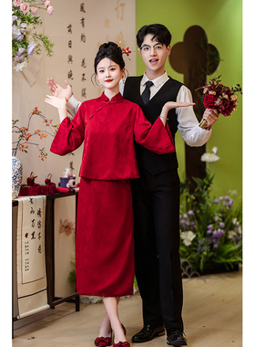 新中式敬酒服新娘新款回门便装结婚订婚礼服红色中袖大码旗袍套装