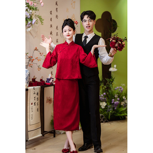 敬酒服新娘新款 四季 结婚回门便装 旗袍套装 订婚礼服红色短袖 新中式