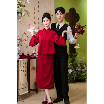 新中式敬酒服新娘新款回门便装结婚订婚礼服红色中袖大码旗袍套装