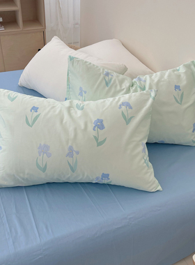 清晨鸢尾花 原创小清新花卉100全棉枕套文艺少女枕芯罩蓝色小众款