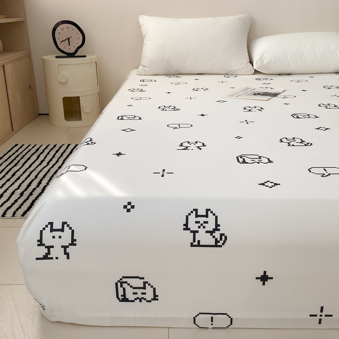 猫咪日记 原创拼豆卡通全棉床单床笠100纯棉简约单人床黑白格子系