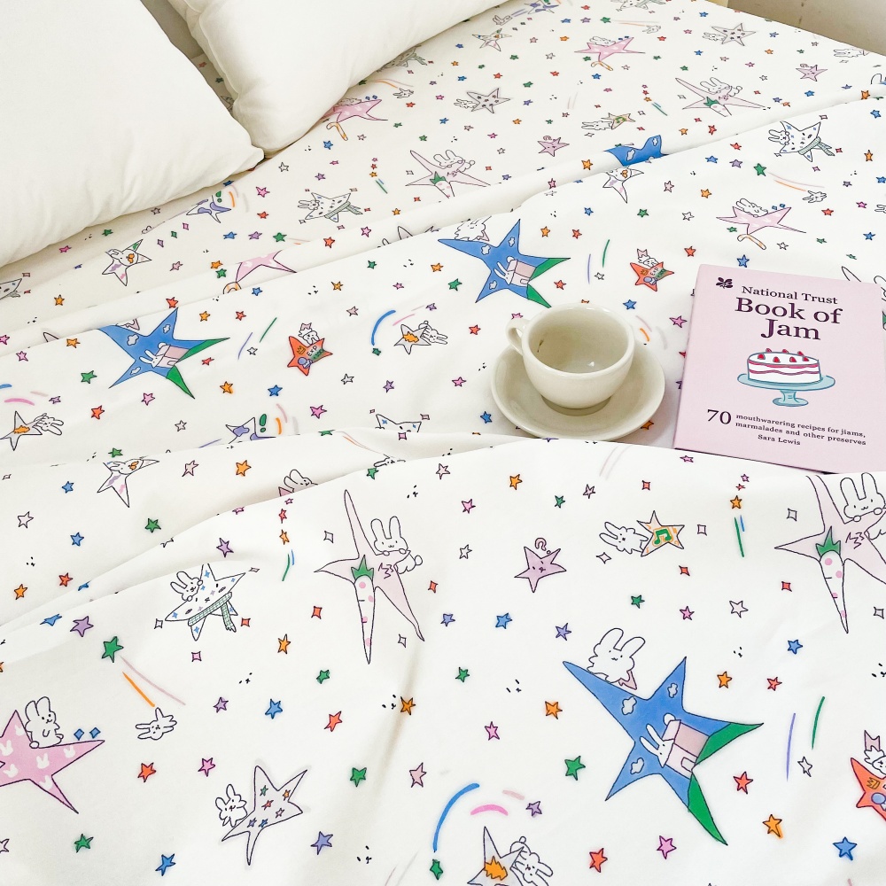 小兔星球 千禧风小兔星星100全棉原创少女插画床单床笠元气紫色系