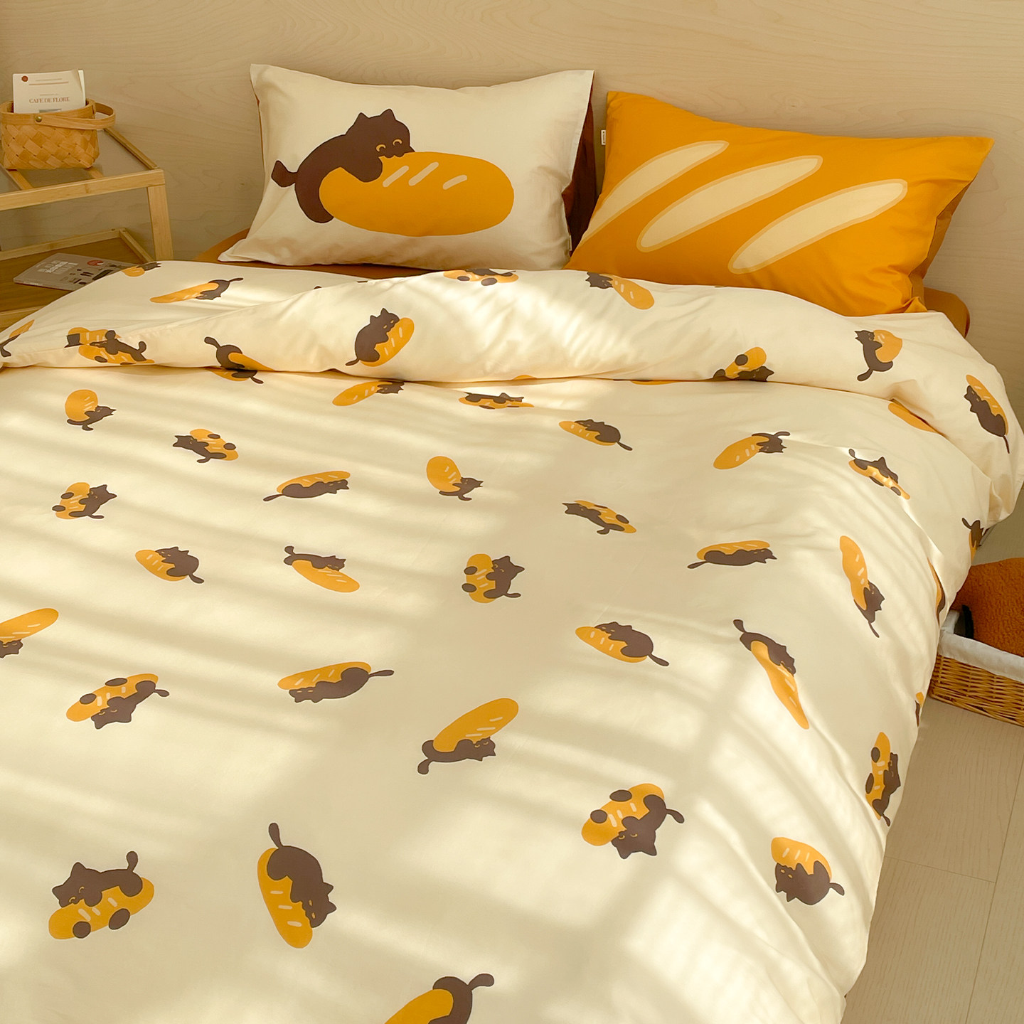 面包小猫 独家款全棉四件套100纯棉床单被套床笠款三件幸福感卡通