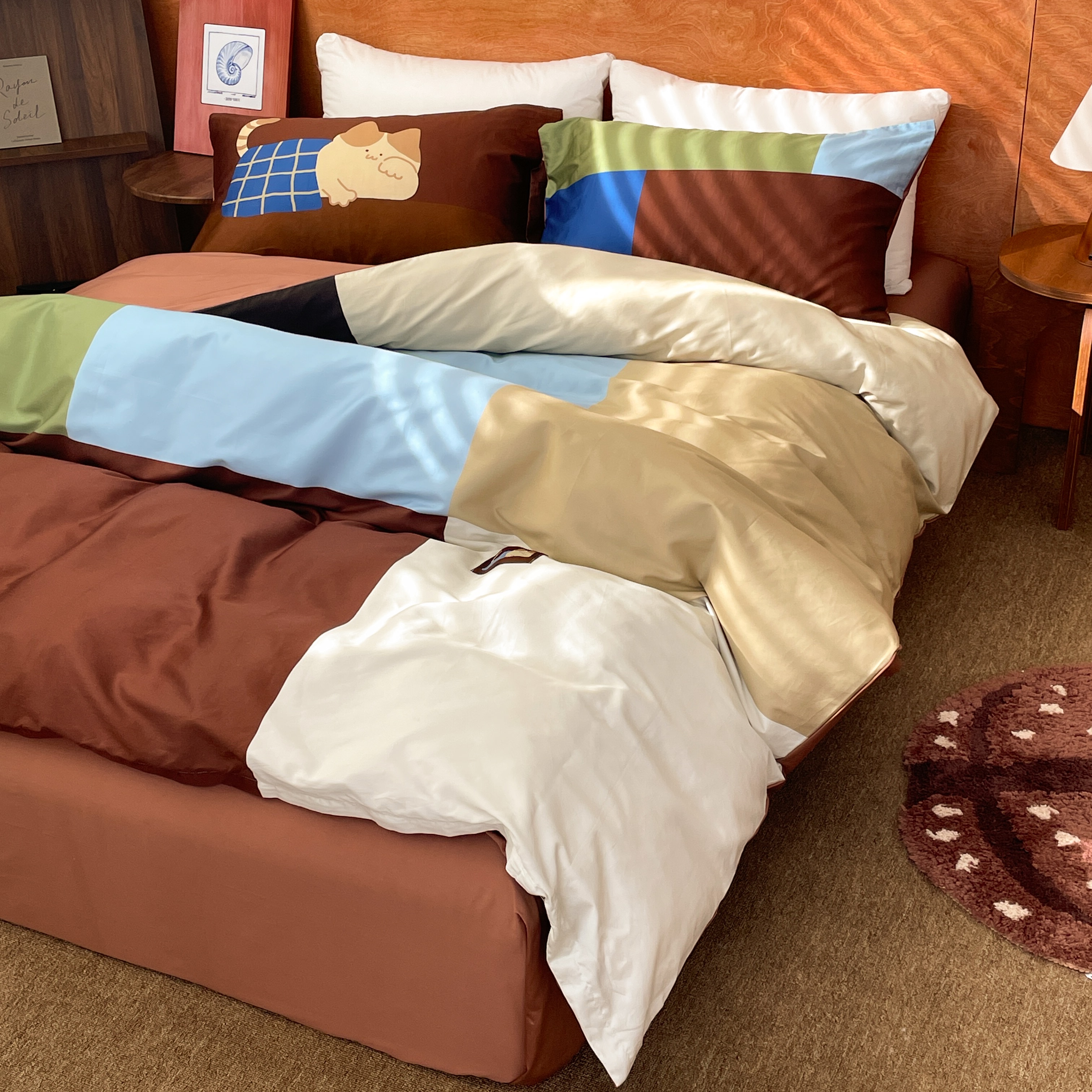 懒猫周末 原创蒙德里安小猫60支全棉四件套长绒棉床单床笠款三件