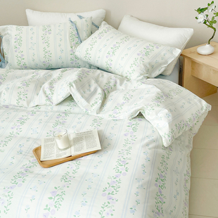 在雨后 原创法式床单被套蓝色碎花100全棉四件套小清新四季款双人