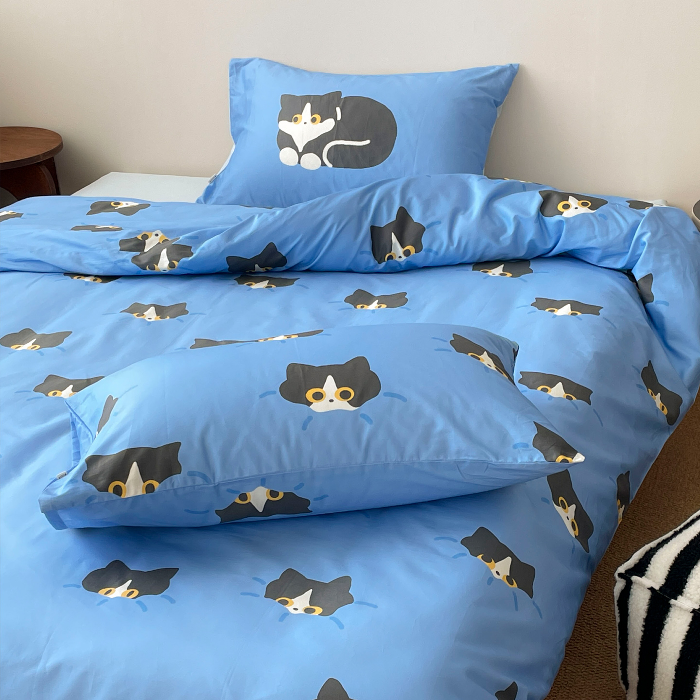 躲猫猫 原创小猫60s长绒棉四件套单人被套床单三件套复古蓝鬼马风