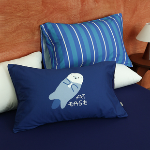 海獭与夜晚 设计师原创全棉枕套条纹枕芯罩复古蓝单只装可爱小众