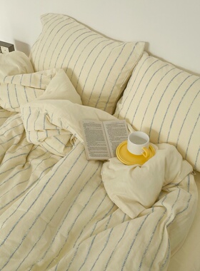 FAZOZO奶油风色织提花全棉四件套奶黄色纯棉床单床笠被套枕套条纹