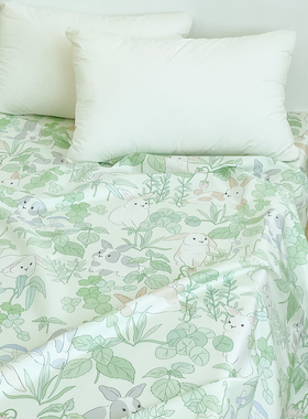 兔兔与森林 小清新绿色植物系床单床笠100全棉可爱卡通小兔四季款