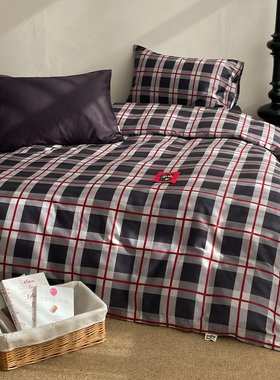 招财猫Tartan 原创复古格子60支全棉四件套单人床单被套深色耐脏