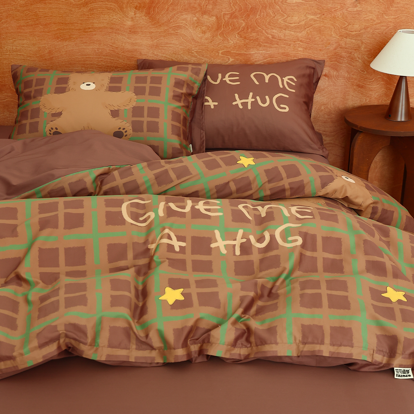 小熊给拥抱 原创复古棕全棉60s长绒棉四件套被套床单三件套学院风