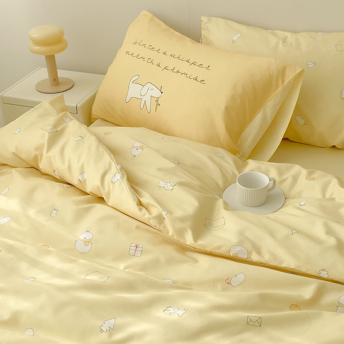 小暖日 温暖主题原创全棉四件套单人床单被套三件元气奶黄色100棉