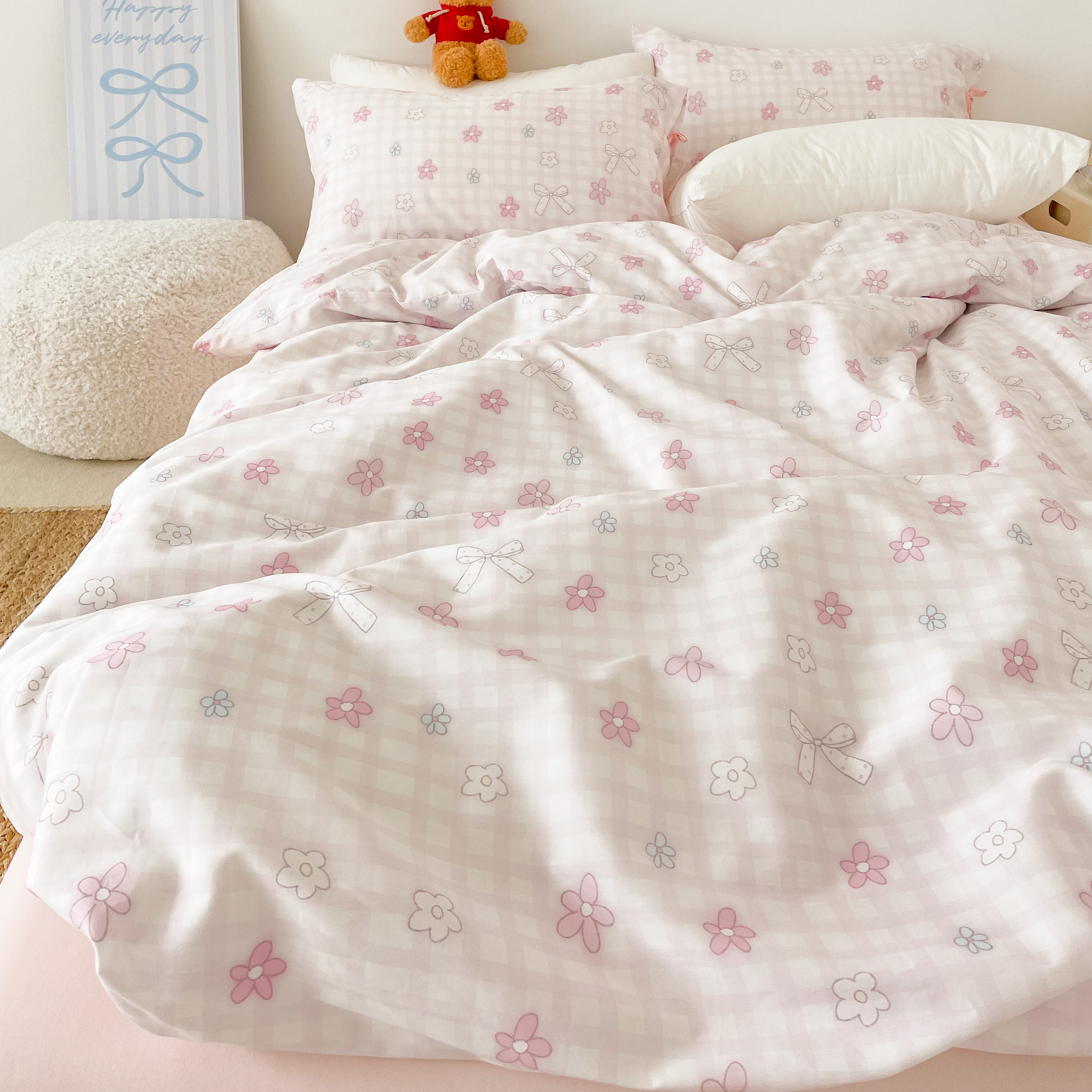 春日甜心 原创少女甜格子全棉三四件套新疆棉床单床笠 粉色蝴蝶结