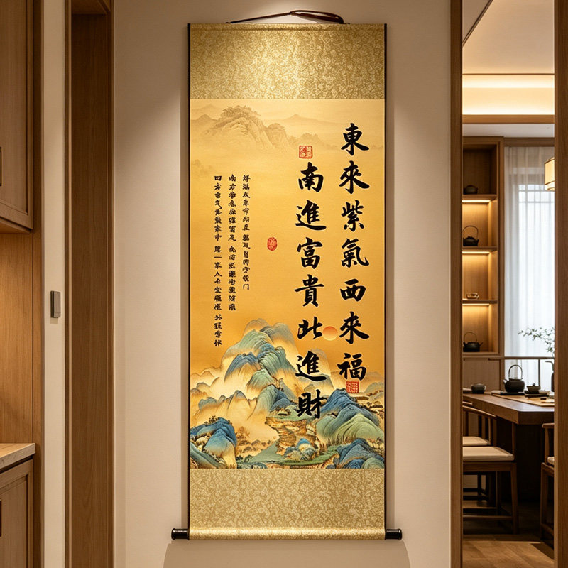 新中式实木丝绸卷轴挂画
