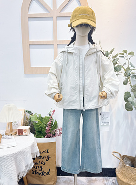 布芮欧童装2025春季新女童韩版米色连帽拉链夹克外套冲锋衣80007