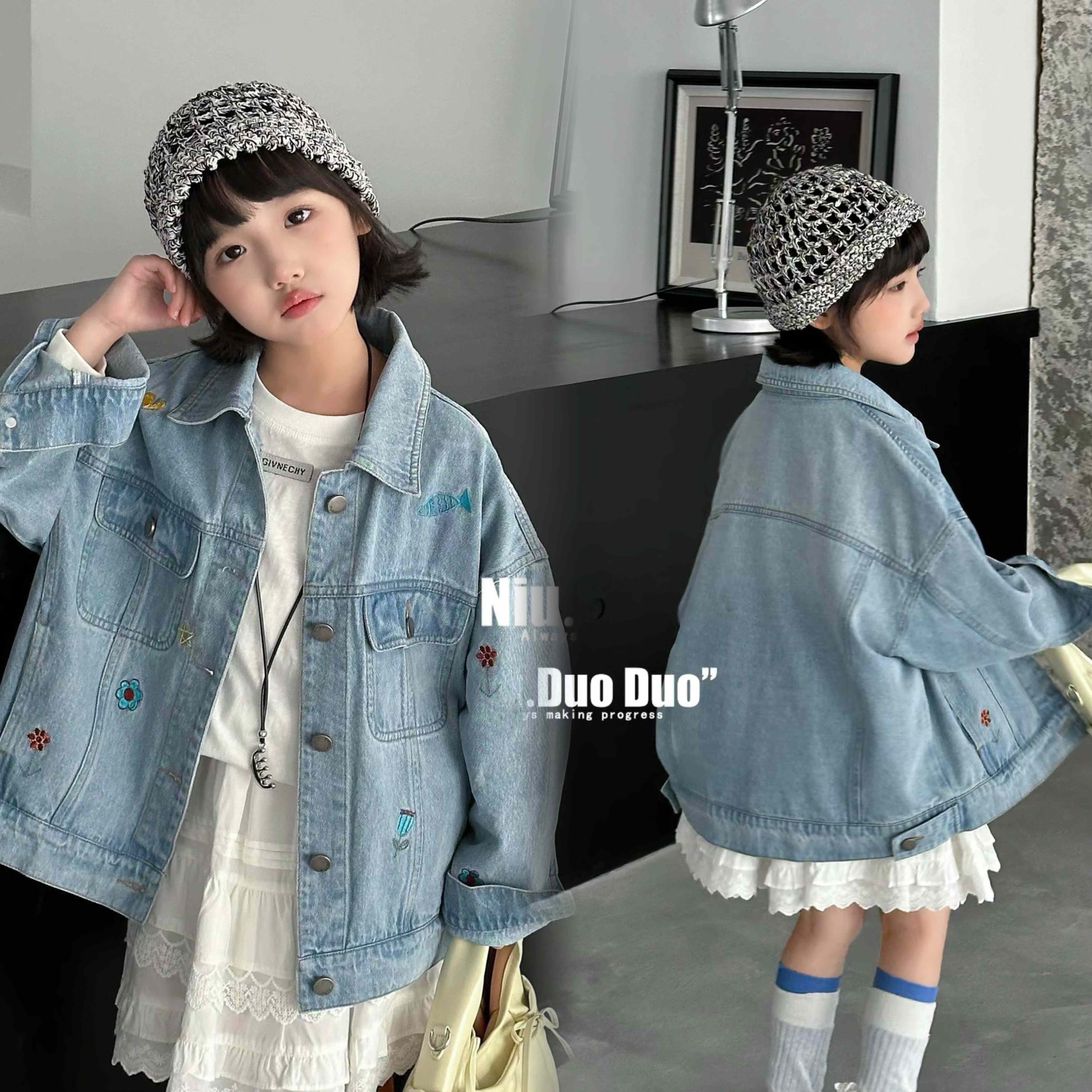 牛哆哆童装2026春季新款韩版女童蓝色刺绣休闲儿童牛仔外套99572