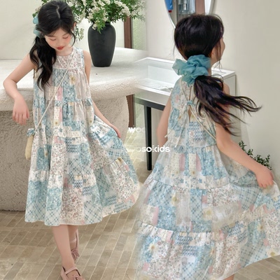 wooso吾束童装2026夏季新款韩版女童小碎花无袖连衣裙含包包33978