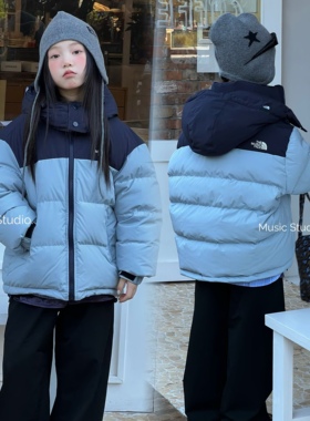 木莎童装2025冬季新款韩版男女童拼色保暖连帽羽绒服外套11585