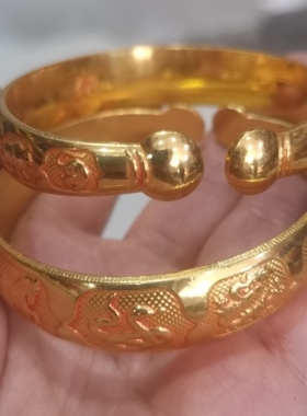 古玩收藏仿古十二生肖金手镯一对活口镯子铜镯礼品影视道具摆件