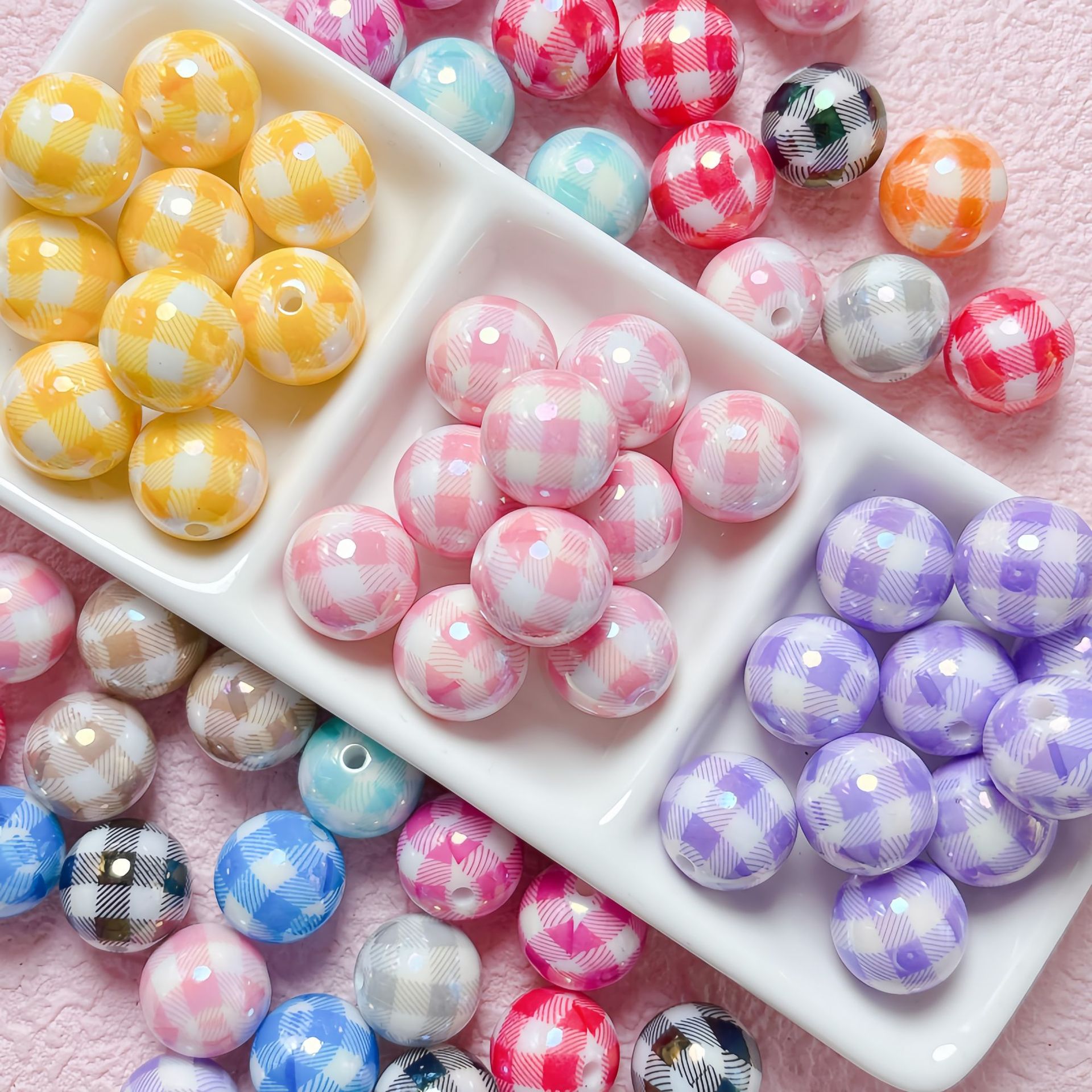 10个亚克力uv镀彩格子圆珠串珠diy手工手机链手链项链饰品配件