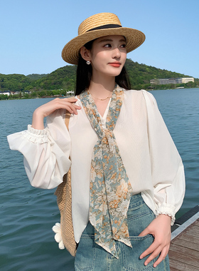 韩版乔其纱斜角飘带丝巾夏季装饰领巾女百搭系带休闲围巾长款纱巾