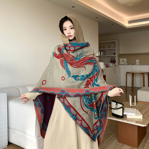 旅游穿搭凤求凰斗篷披肩新款民族风秋冬季大斗篷复古围巾网红披风