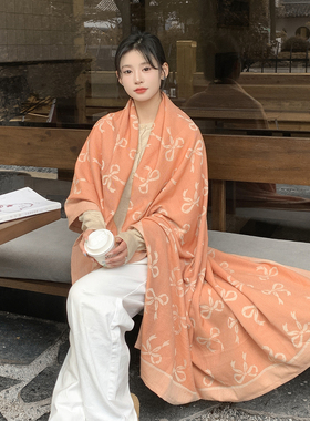秋冬季蝴蝶结航空毯子保暖时尚气质女空调披肩百搭加厚围巾大披肩
