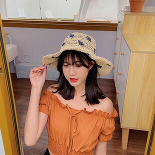 度假风可爱草编渔夫帽女款防晒帽夏季海边沙滩遮阳草帽大檐太阳帽