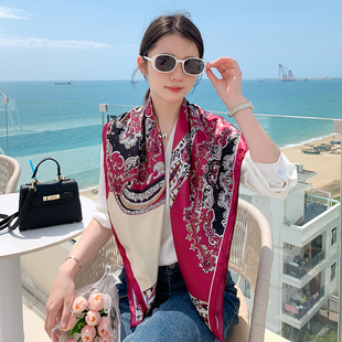 氛围感红色腰果花丝巾90CM仿真丝方巾女领巾海边包头围巾防晒披肩