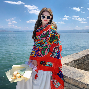 民族风围巾防晒披肩女夏季薄款外搭云南丝巾百搭海边沙滩红色纱巾