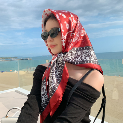 腰果花90*90丝巾方巾夏季海边防晒丝巾女复古绑发ins头巾发带披肩
