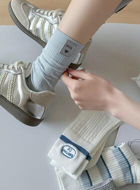 miu系蓝色袜子女春秋款中筒袜2025新款纯棉长筒袜外穿网红堆堆袜