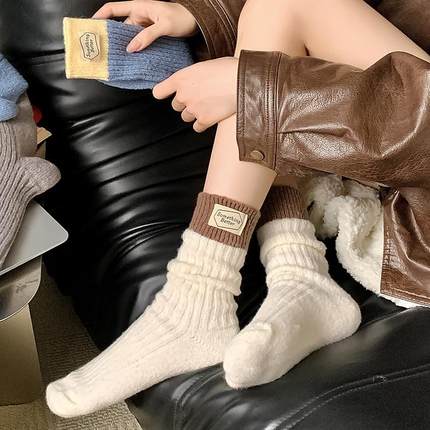 布标羊毛袜子女秋冬款加绒加厚保暖2025新款韩国堆堆袜长筒袜冬天