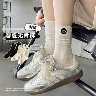 白色中筒袜笑脸韩版 2025新款 长筒堆堆袜春秋潮 薄款 无骨袜子女夏季