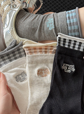 格子卷边堆堆袜子女春夏季薄款纯棉中筒袜2025新款白色长筒袜外穿