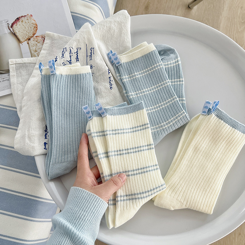 蓝色堆堆袜子女春秋款纯棉