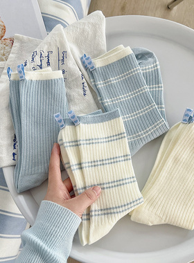 蓝色堆堆袜子女春秋款纯棉中筒袜小清新条纹2025新款布标长筒袜潮