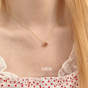 七月生辰石!幸运加成!s925纯银四叶草项链女红色锆石小众锁骨链