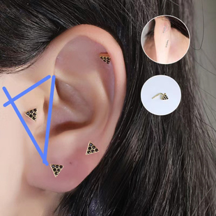 小耳朵专用耳钉平底纯银耳屏钉九尾狐新款潮三角形小钻耳蜗耳骨钉