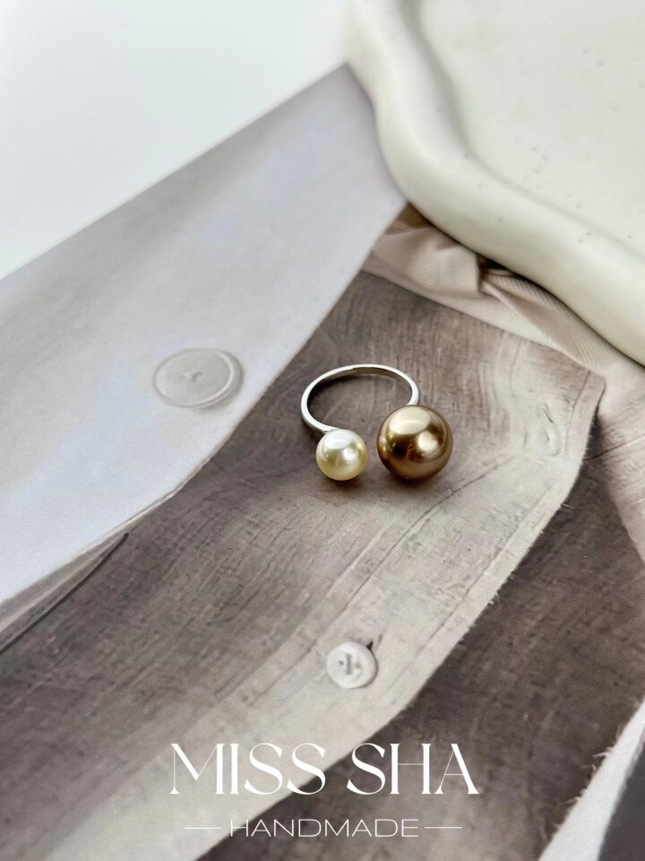 美拉德色系人造珍珠双珠戒指 简约ins风潮